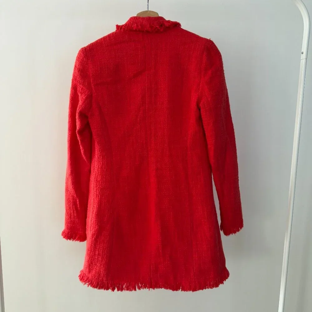 Rachel Zoe Red Tweed Double Breasted Fringe Blazer Coat Size S